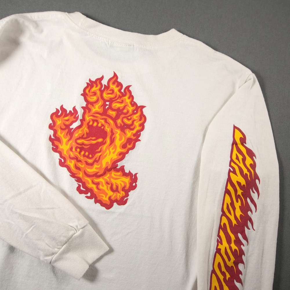 Y2K Santa Cruz Flaming Screaming Hand  Long Sleeve T-Shirt Kids L White Skate